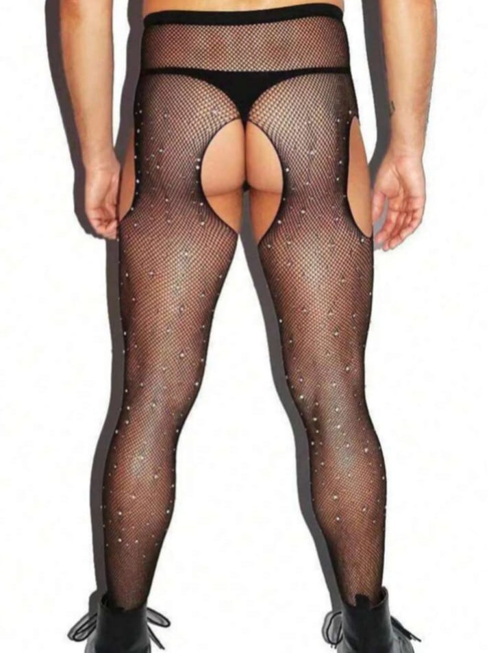 WILD-LOVE Men's Sexy Diamonds Studded Hollow Out Fishnet With Garter Belt Stockings